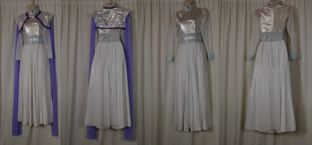 9 white/silver skirted uniforms (one piece w/wide leg unitard) + 9 separate purple shrug jackets Effects By Design