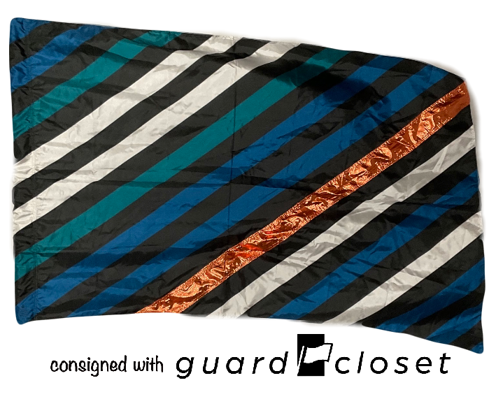 14 black/blue/white/copper diagonal stripes flags R&S Marching Arts